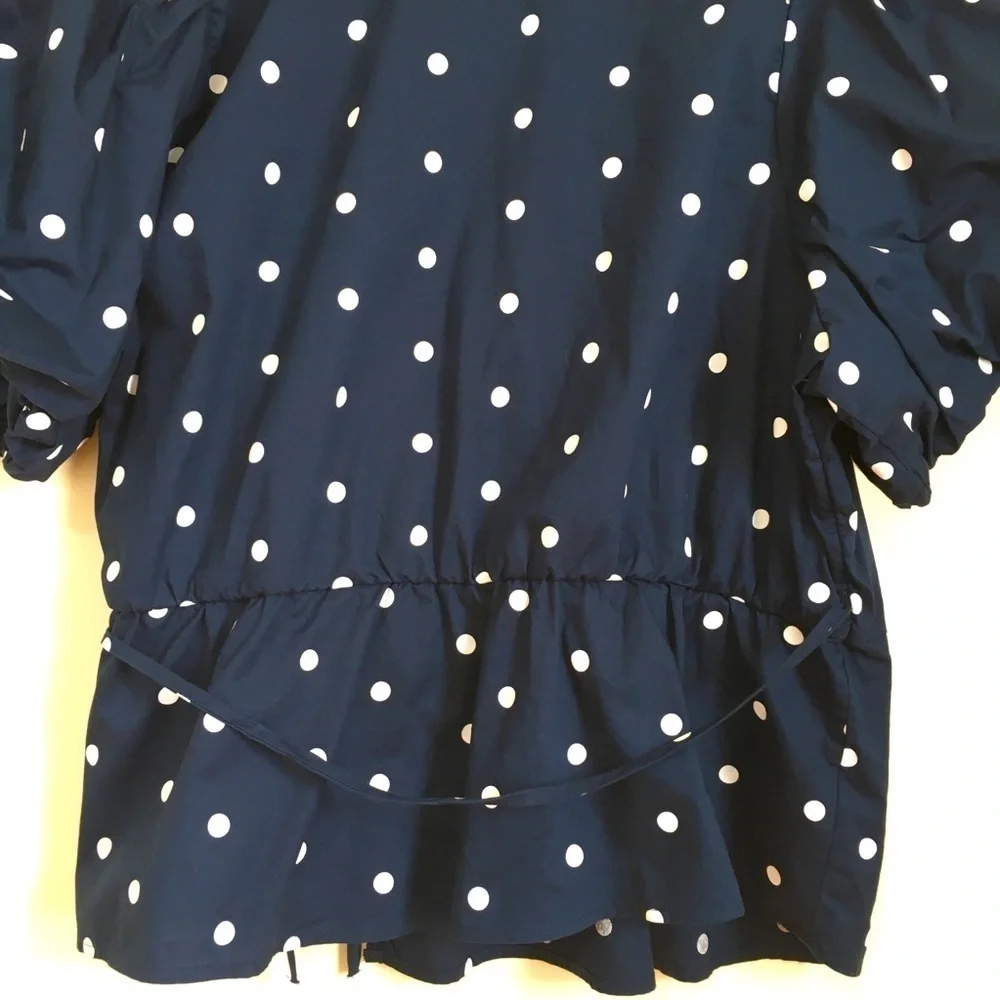 Old Navy Navy White Dots Waist Defined Puff Short Sleeve Tie-Wrap Blouse